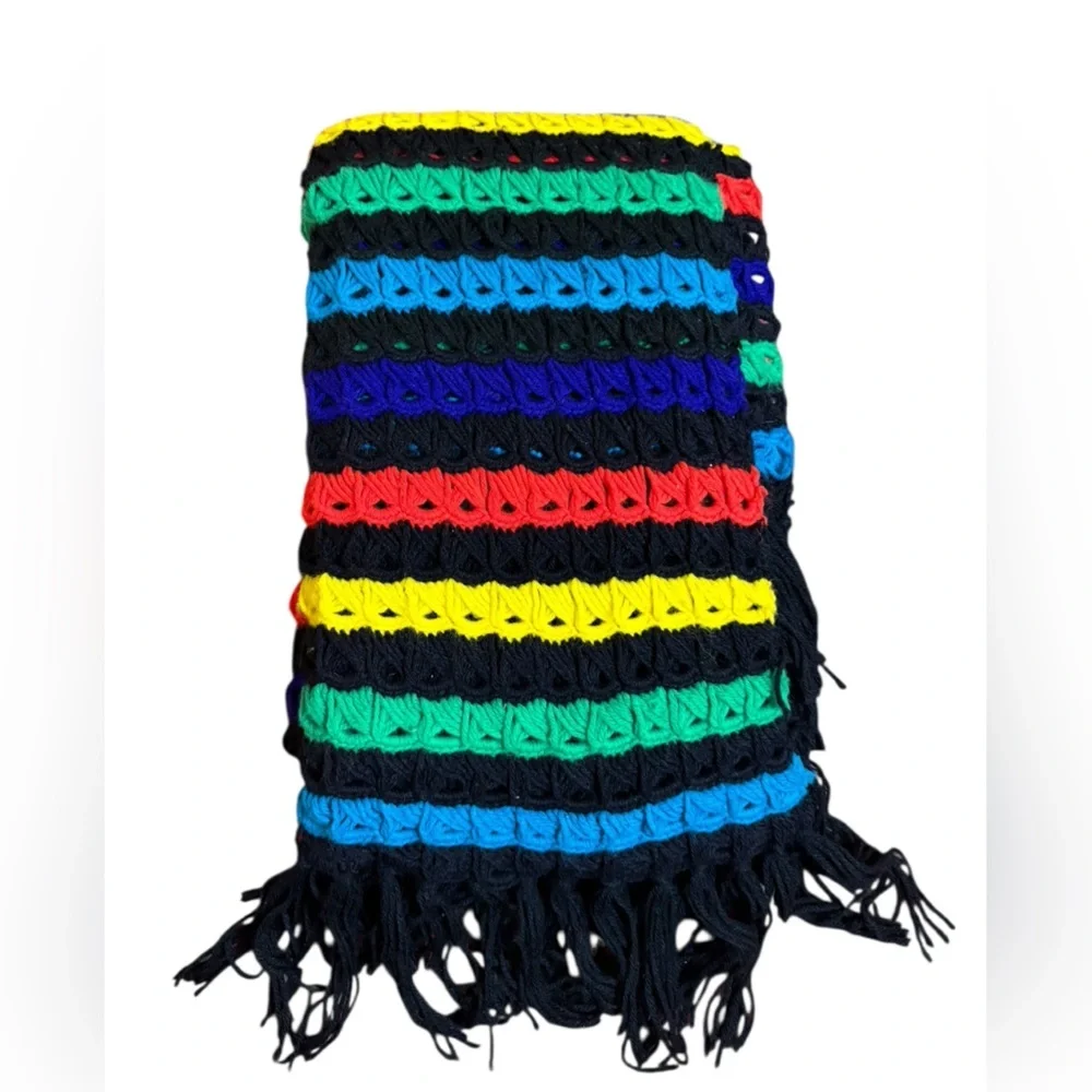 Vintage Colorful Rainbow Crochet Fringe Blanket